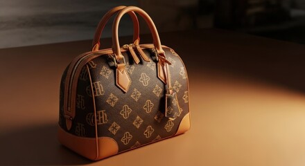 Elegant designer handbag with brown monogram pattern on table