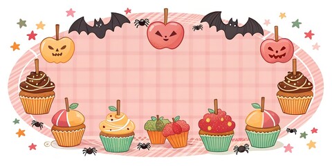Looping border of caramel apples, cupcakes, and bat-shaped cookies over pink plaid















