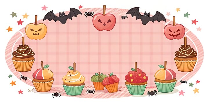 Looping border of caramel apples, cupcakes, and bat-shaped cookies over pink plaid