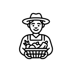 Minimalist black and white line art icon of a smiling farmer holding a basket filled with fresh produce such as vegetables and fruits. 