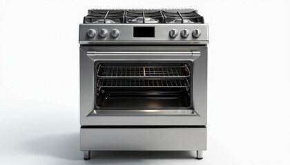 Obraz premium Front view of modern stainless steel freestanding range cooker with gas burners on hob, open oven interior. Shiny metal appliance offers elegant luxury kitchen design with clean bright contemporary