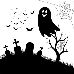 Halloween night with flying bats and tree silhouettes in a cartoon style