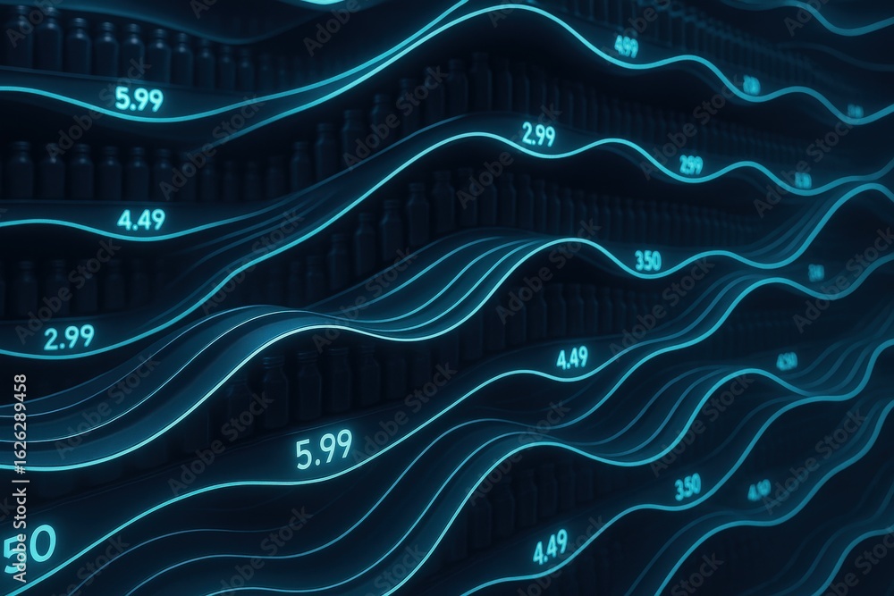 Poster merchandise rate strategy effect concept. digital display of product prices in a wavy pattern.