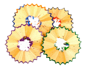 Top-Down Flat Lay of Mixed Color Pencil Shavings – Isolated on White Background