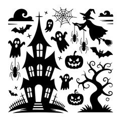 Halloween icon set with pumpkins bats ghosts and spooky elements in cartoon style