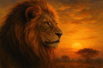 A majestic male lion with a beautiful golden mane gazes thoughtfully across the African savanna during a breathtaking sunset