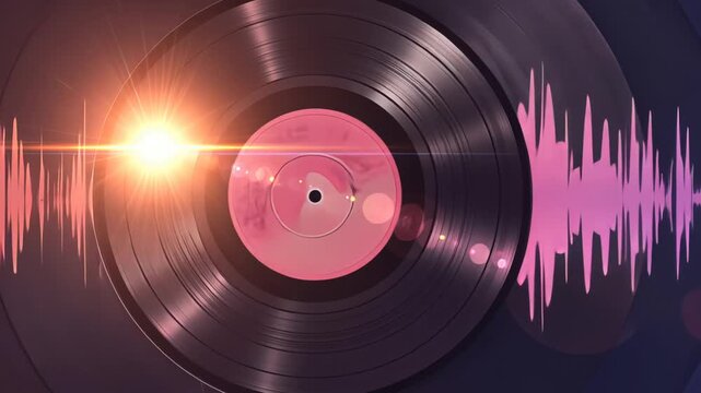Spinning vinyl record with light reflection and audio wave pattern