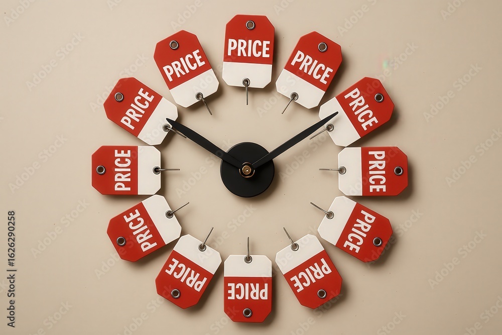 Poster merchandise rate strategy effect concept. clock made of price tags showing time and value.