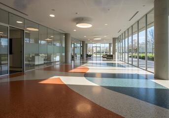 Polished Terrazzo Floor with Colorful Geometric Pattern in Modern Building Interior, sunny day, high-end office lobby, glass walls, minimalist furniture, vibrant reflections.