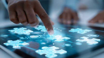 Businessman hand reach out glowing blue finger touch digital jigsaw puzzle piece.