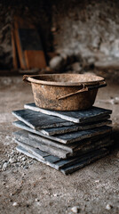 Worn bucket atop stacked stone tiles