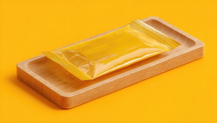 Gold-yellow packet on wooden tray, vibrant yellow background