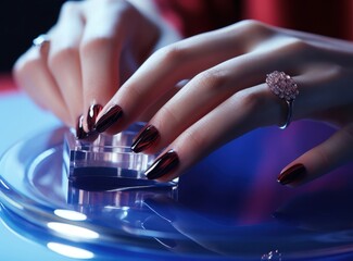 Close-up shot of hands with stylish nails and an ornate ring touching a transparent cube on a reflective surface, creating an elegant, modern appointment. The nails boast a dark, swirling pattern.
