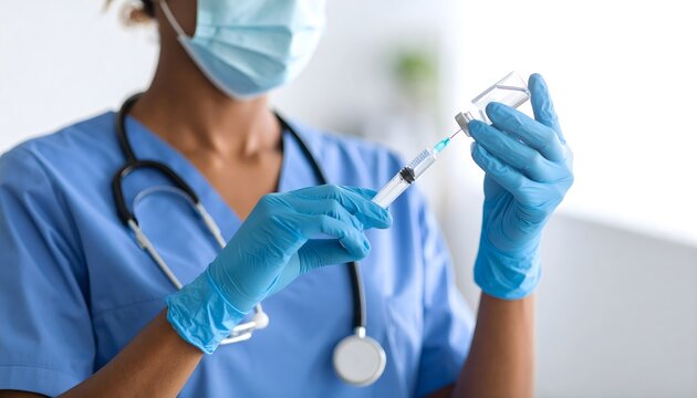 A healthcare professional in blue scrubs and a mask carefully prepares a vaccine, drawing it from a vial into a syringe. - Powered by Adobe