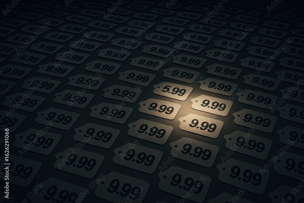 Poster merchandise rate strategy effect concept. dark background with price tags highlighting different val