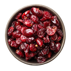 Dried cranberries in bowl top view healthy snack sweet and tart fruit for baking and trail mix recipes on transparent background silhouette