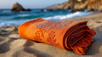 Woven blanket basking on tranquil beach sand