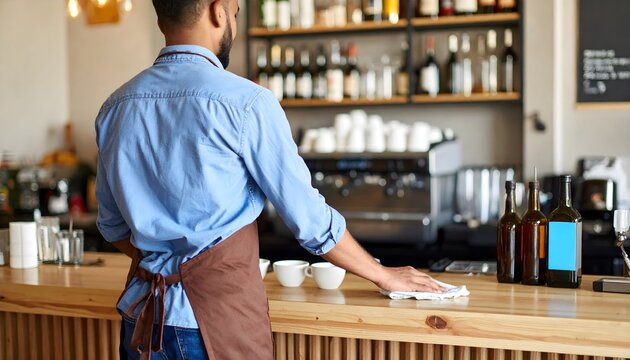 Male barista in a blue shirt and apron wipes down the wooden counter of a modern coffee shop.