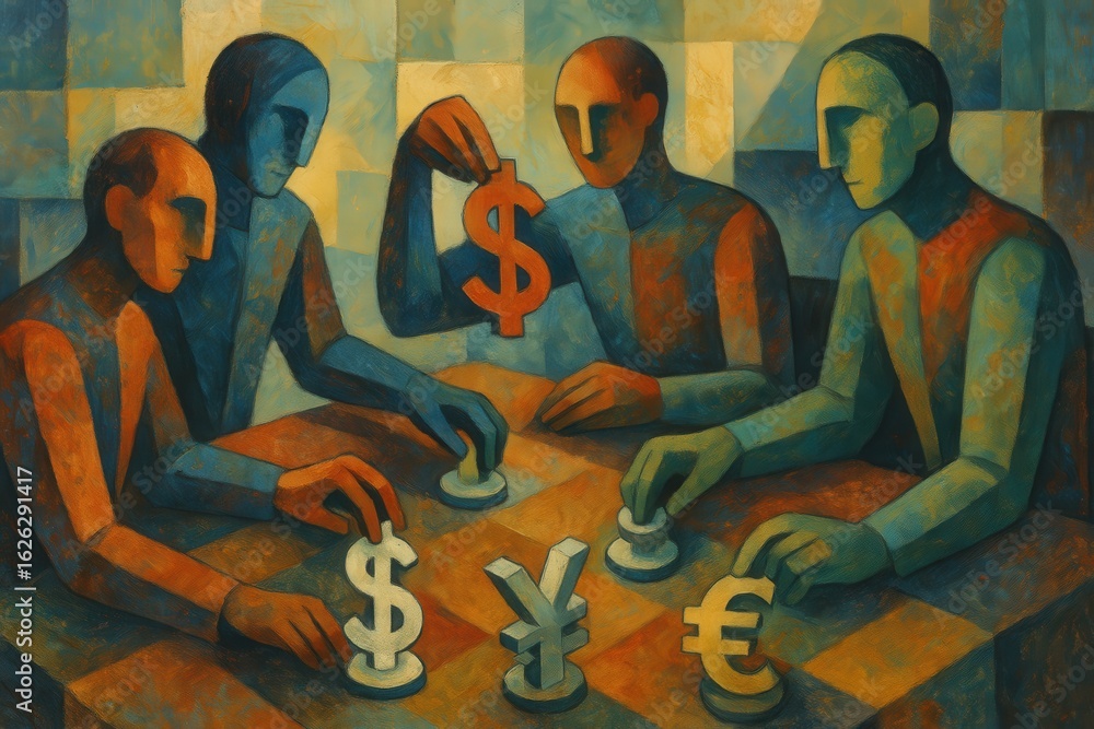 Poster merchandise rate strategy effect concept. four figures exchanging currency symbols in an abstract se
