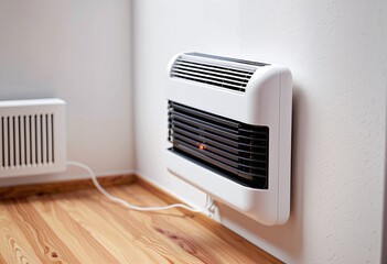Close-up of a heater in a modern living room with copy space