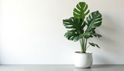 Fototapeta premium Monstera Deliciosa plant in white pot on white background. Large green split leaves. Tropical foliage, modern home decor essential. Plant isolated for graphic design, interior styling, botanical