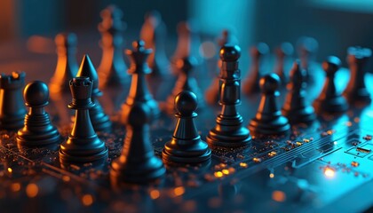 Futuristic chess game set on digital board with glowing orange, blue lights. Sleek, modern pieces represent technology, strategic thinking. Minimalist design evokes intellectual challenge,