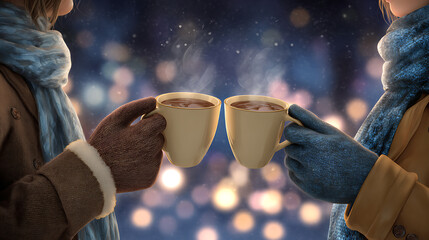 Couple in warm clothing holding cups of hot chocolate at winter night