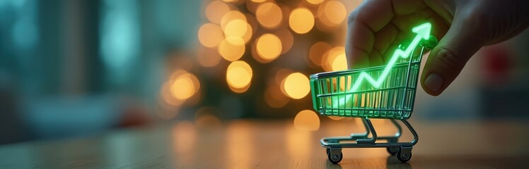 Hand holds miniature shopping cart displaying glowing green arrow graph indicating sales growth. Blurred background with warm bokeh lights suggests holiday shopping season festive retail environment.