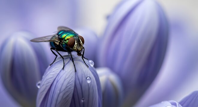 Close up macro shot of a metallic green fly perched on a delicate purple flower petal with water droplets - Powered by Adobe