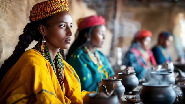 A group of African individuals participates in a cultural event, demonstrating pottery-making and wearing traditional clothing. The warm atmosphere highlights rich heritage and craftsmanship