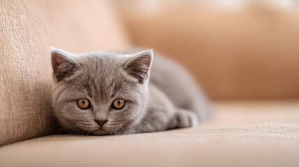A soft gray kitten is peacefully lounging on a beige sofa, surrounded by the warm and gentle light of the afternoon in a cozy living room