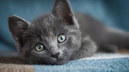 Gray kitten relaxing comfortably on a soft blanket while curiously gazing at the surroundings in a cozy indoor setting
