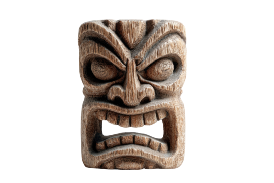 Carved wooden tiki mask, angry expression
