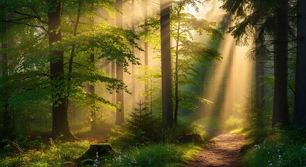 Fototapeta premium Golden sunbeams pierce through a lush green forest illuminating a winding path