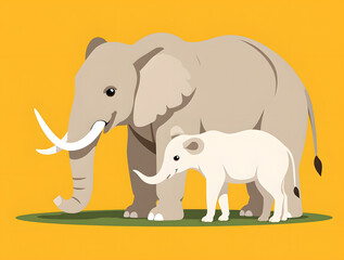 Fototapeta premium Elephant Family Illustration: A charming illustration depicts a large adult elephant and a small baby elephant standing together on a patch of green grass. The gentle scene, bathed in vibrant hues.