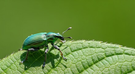 Iridescent green weevil beetle on a textured leaf in sunlight