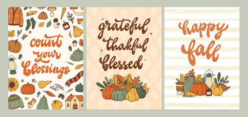Autumn greeting cards collection decorated with lettering quotes and doodles. Good for posters, banners, prints, invitations, etc. EPS 10