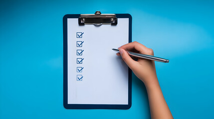Hand holding a pen checks off items on a clipboard against a bright blue background during office hours for organization and planning