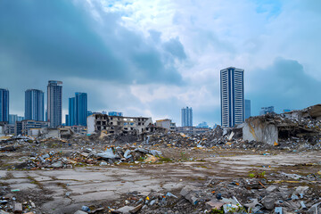 Urban decay contrasts with skyscrapers in a derelict landscape showcasing remnants of forgotten buildings at dusk