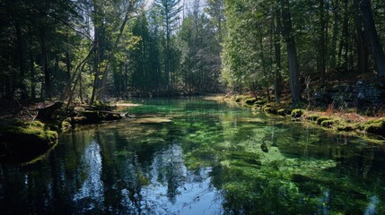 Obraz premium Tranquil forest stream sunlight