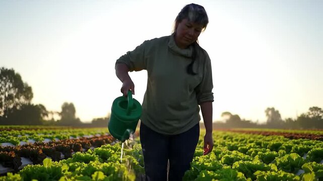 Farmer watering rows of green lettuce at sunrise