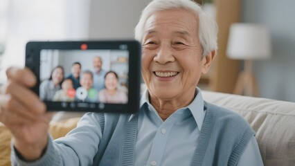 Elderly man video chatting with family using a tablet