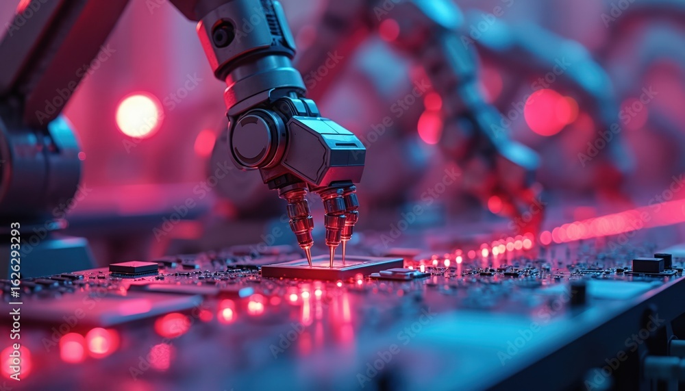 Aufkleber robotic arms meticulously assemble wearable device components on circuit board. automated process, p