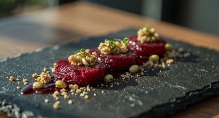 Close up of three beet slices topped with garnish and nuts on a black slate plate in soft natural light
