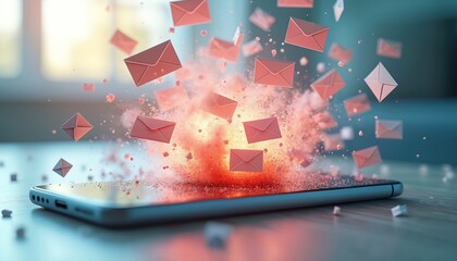 Smartphone screen erupts with exploding envelopes, digital communication overload. Pink mail fragments fly outwards from vibrant explosion. Represents email spam, cyberspace clutter, information