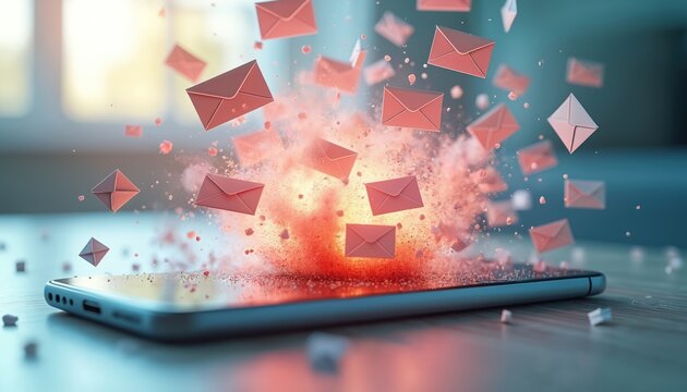 Smartphone screen erupts with exploding envelopes, digital communication overload. Pink mail fragments fly outwards from vibrant explosion. Represents email spam, cyberspace clutter, information