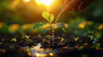 Fototapeta premium Hand watering young seedling at dawn