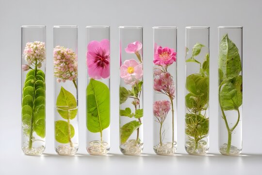 Clear test tubes with various plants inside.