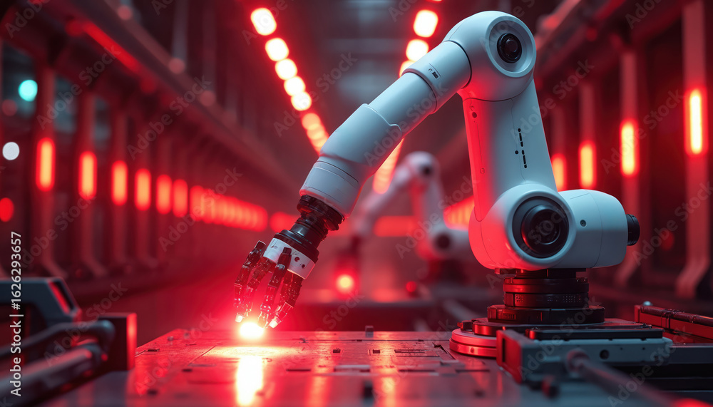 Aufkleber futuristic white robotic arm operates within advanced factory illuminated by red lights. precision m