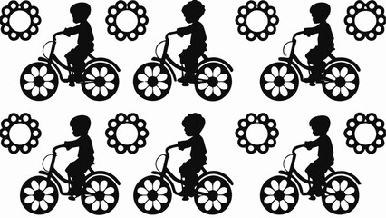 Silhouette pattern of children on flower wheeled bicycles and flower shapes on a white background repeat